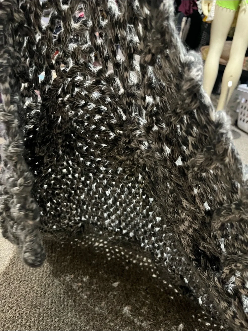 Pottery Barn Chunky Thick Throw Blanket Open Weave Knit Crochet Charcoal Marled